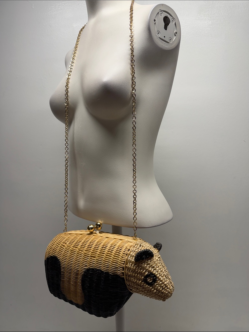 Serpui Wicker Panda Animal Bag Shoulder Purse Chain Strap or Clutch Tan Black - Picture 7 of 11